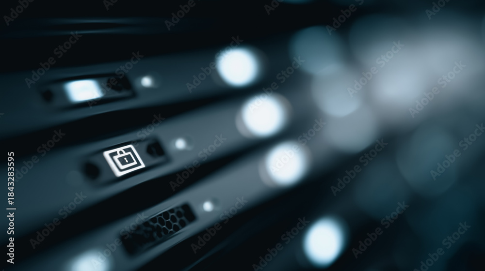 Fototapeta premium A close-up view of a data server, symbolizing the backbone of technology, glows with intricate digital details, representing the heart of modern data management and innovation.
