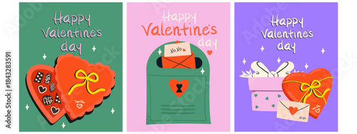 Сute Valentine’s Day greeting card set with chocolate box, postbox, gifts. Doodle style vector illustration.