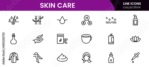 Skin care line icons set. Moisture cream, acid, anti wrinkle serum, creamed, collagen. Pixel perfect, minimalistic web and UI icon.