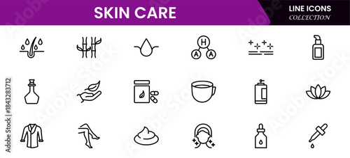 Skin care line icons set. Moisture cream, acid, anti wrinkle serum, creamed, collagen. Pixel perfect, minimalistic web and UI icon.