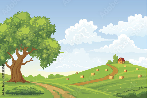 a peaceful countryside scene with a large green tree and rolling hills high quality