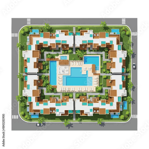 Aerial view of a modern residential complex with multiple swimming pools and green spaces.