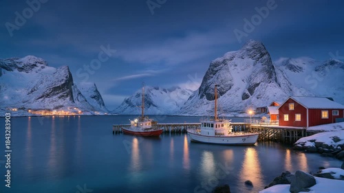 Scenic Winter Night Landscape of a Norwegian Fjord Village with Fishing Boats and Snowy Mountains under a Full Moon