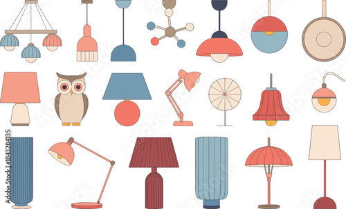 Extensive Mid-Century Modern Lighting Collection Vector Illustration Featuring Pendant Lamps, Floor Lamps, Table Lamps, Chandeliers, and Desk Lights for Interior Design.