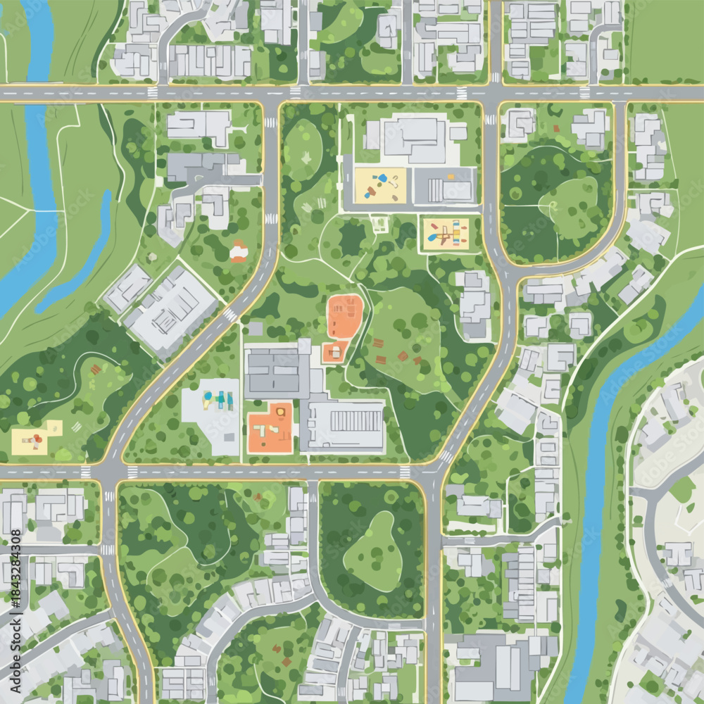 Obraz premium Aerial view of a meticulously planned urban neighborhood with green spaces, residential areas, and community facilities.