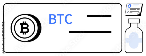 Bitcoin symbol alongside a medical form and a vaccine vial emphasizing fintech in healthcare. Ideal for finance, technology, payment integration, digital currency, medical innovation, healthcare