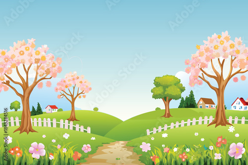 a peaceful country landscape featuring blossoming trees a white fence and a