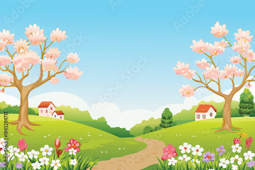 A peaceful spring landscape with blossoming trees quaint houses and a winding