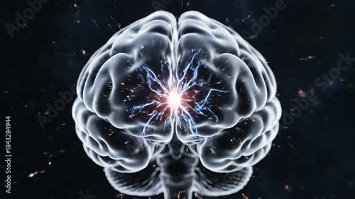 Abstract representation of a brain emitting energy and light in a cosmic background