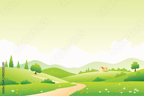 a serene landscape featuring rolling green hills a winding path and a