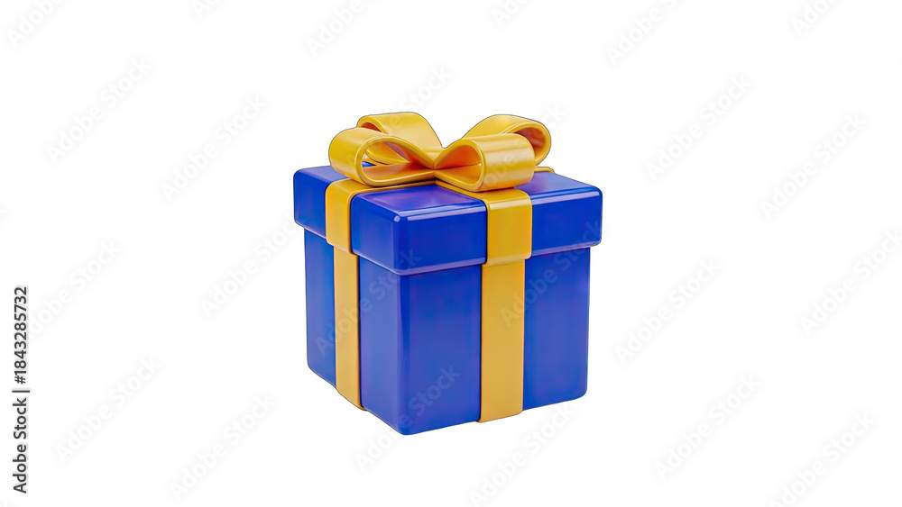 Fototapeta premium A Detailed 3D Rendered Blue Gift Box With A Yellow Ribbon And Bow Sitting On A Transparent Background