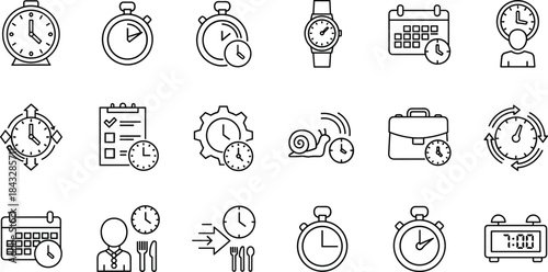Time management line icons set featuring clocks calendars deadlines productivity scheduling planning business workflow vector illustration modern minimal design collection