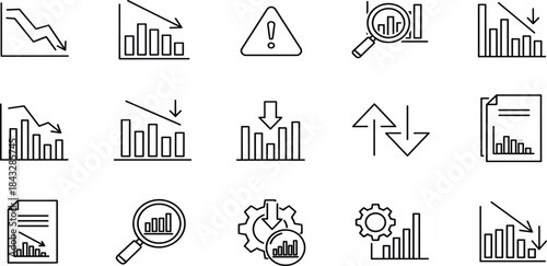 Financial Crisis and Recession Data Analysis Icons Set, Business Report Decline, Market Downtrend, Statistics Monitoring, Economic Warning, and Analytics Symbols Collection.