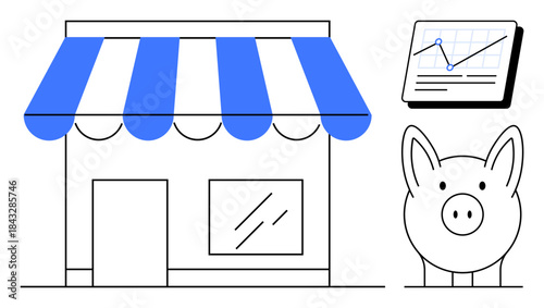 Small storefront with striped awning, a piggy bank for savings, and a line chart for tracking growth. Ideal for business planning, retail, savings, investments, financial management, economy