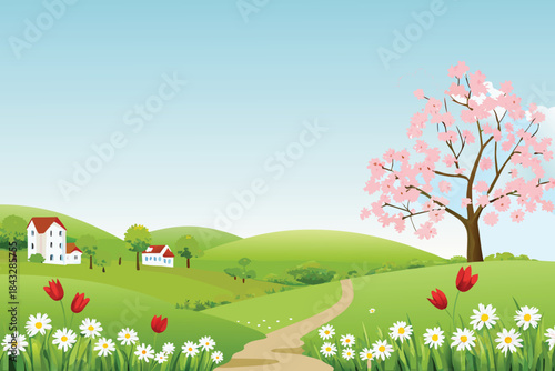 a serene countryside landscape featuring green hills a path and blossoming trees high quality