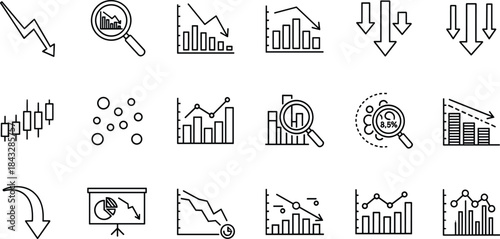 Business analytics line icons set, financial charts arrows graphs statistics data analysis growth decline reporting dashboard vector outline