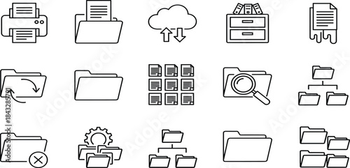 Document management line icons set, file folder cloud storage archive search print system vector illustration, minimal outline collection