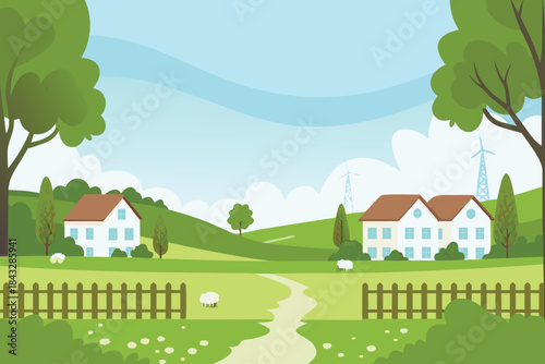 a peaceful countryside landscape with green hills houses and a winding pathway high quality