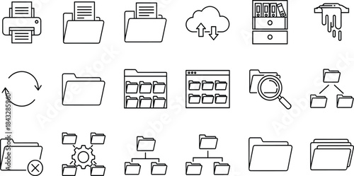Collection of eighteen black line vector icons depicting file management, office documents, cloud storage, data organization, folders, and computer systems.