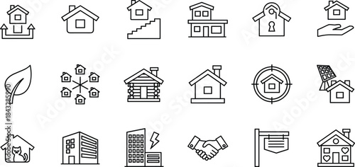 Set of linear icons for real estate agency, home insurance, smart house system, property investment, eco energy, and mortgage deals.