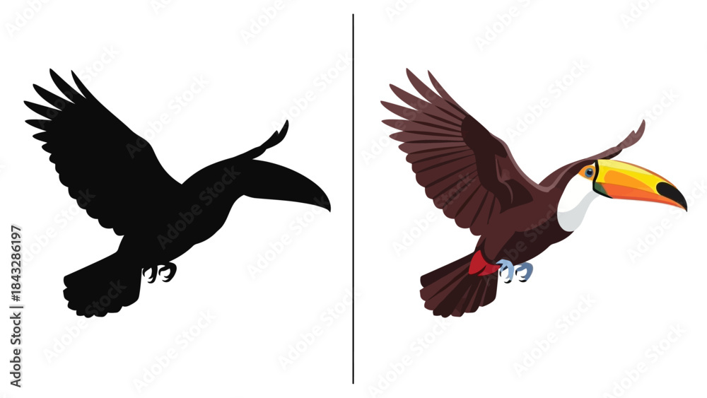 Fototapeta premium Toucan bird silhouette and colorful graphic design flying with large beak and spread wings, isolated on white background