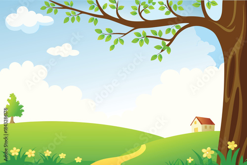 a peaceful spring landscape featuring a tree a little house and a