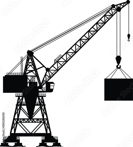 Black silhouette of a massive port or construction crane lifting a large container, symbolizing heavy industrial machinery, cargo shipping, and infrastructure development.