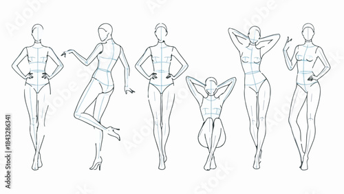 Set of Fashion Croquis Female Figures Templates Hand Drawn with Blue Sketch Lines