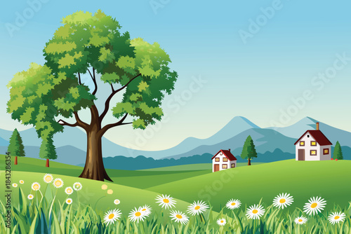 a vibrant landscape featuring a lush green tree rolling hills and a