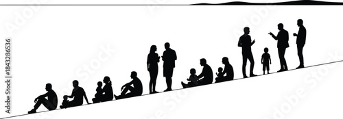 Diverse group of casual people sitting and standing on a hillside, discussing and interacting in various poses, isolated vector silhouette.