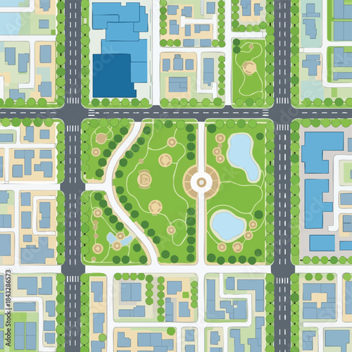 Aerial View of Urban Park with Pathways, Water Features, and Green Spaces in a City Layout.