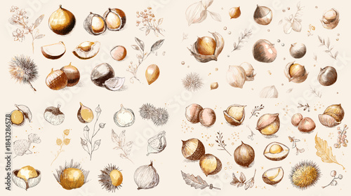 Watercolor nut illustration set featuring hazelnuts walnuts almonds and shells in natural earthy tones perfect for healthy food packaging organic branding and kitchen decor.