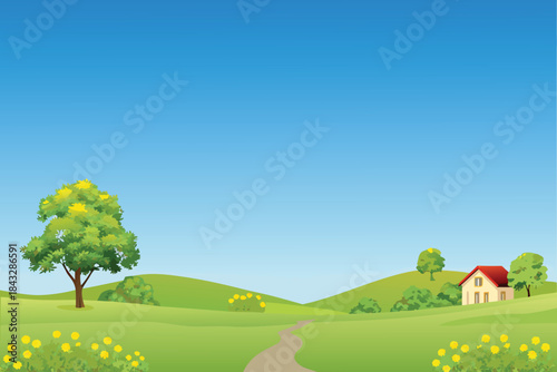 A peaceful landscape featuring a small house green hills and a vibrant