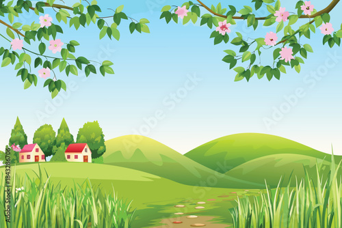 a picturesque countryside landscape with lush green hills trees and charming houses high quality