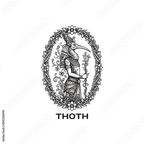 Beautifully detailed hand-drawn illustration of the Egyptian god Thoth with an ibis head, holding a sacred staff and surrounded by an elegant floral oval frame in a vintage engraving style