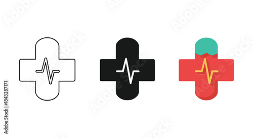 Medical cross symbol with heartbeat line in various styles