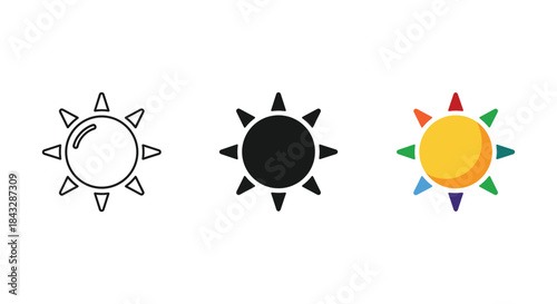 Set of simple sun icons in different styles and colors