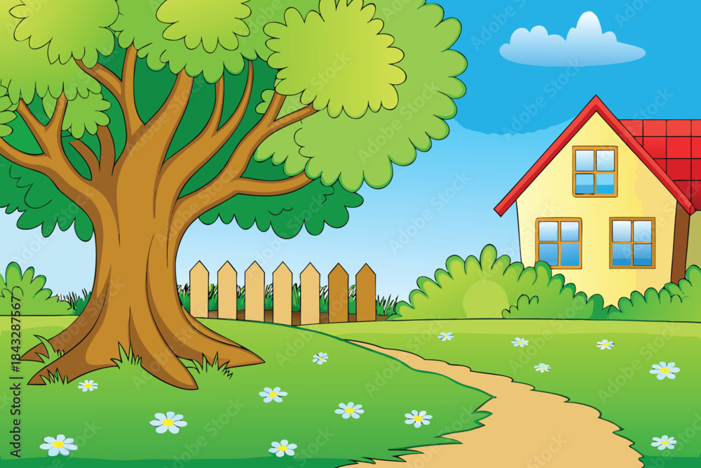 Naklejka premium a vibrant cartoon illustration depicting a tree house pathway and a fence high quality