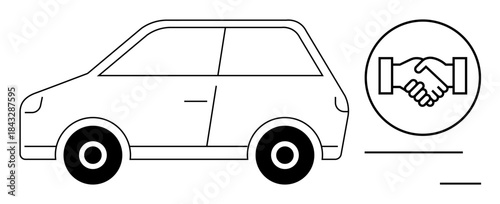 Car rental concept. Compact vehicle outline with handshake symbol car sale, rental, or sharing. Car rental options, car ownership, transportation services, mobility, business deals