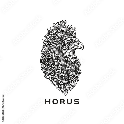 Elegant hand-drawn black and white illustration of the Egyptian god Horus as a majestic eagle head adorned with intricate floral ornaments and traditional headdress