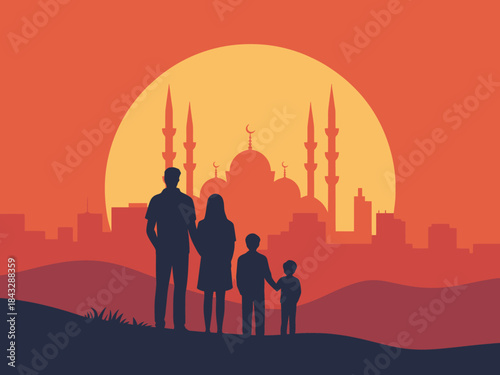 Silhouette of a Muslim family with a man, woman, and child standing together, looking out at a mosque and city skyline during Ramadhan at sunset with warm orange hues.