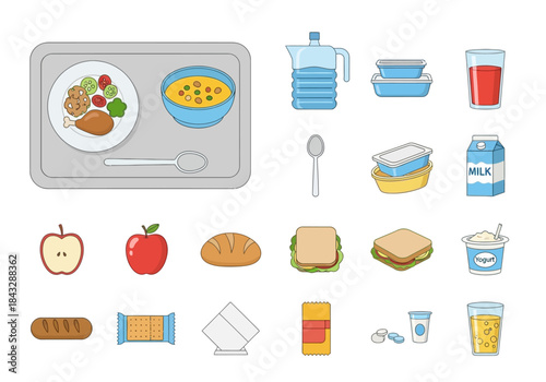 School Lunch Tray and Food Items Illustration Set.