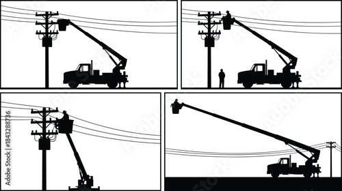 Black Silhouette Set of Electrician Lineworkers Operating Bucket Trucks on Utility Poles, Illustrating Electricity Repair, Infrastructure Maintenance, Service, and Power Grid Work.