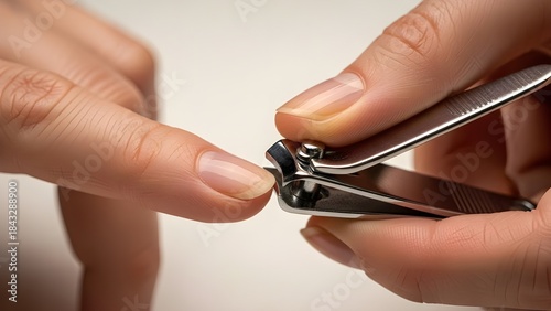 Hyper-realistic close-up of feminine fingers trimming nails with a nail clipper, sharp detail on nails and cutter, soft diffused light, photorealistic textures.