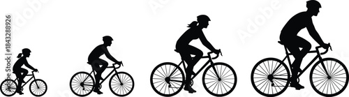 Black Silhouette Vector Collection of Cyclists Riding Road Bikes in Profile View – Bicycle Rider, Family Cycling, and Fitness Graphic Isolated on White