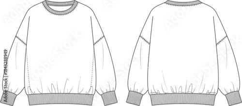 Fashion technical sketch of a loose fit sweatshirt front and back view on transparent background