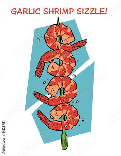 Garlic Shrimp Sizzle.Grilled Prawn Skewer.Comic Seafood Kebab.Delicious BBQ Shrimp.Retro Food Illustration