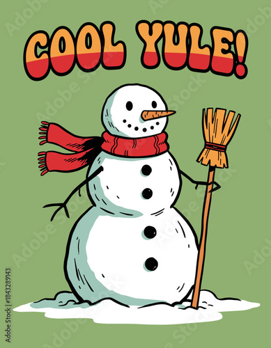 Cool Yule Retro Snowman.Groovy Christmas Character.Vintage Cartoon Winter Fun.Snowman Scarf and Broom Art.Festive Holiday Illustration