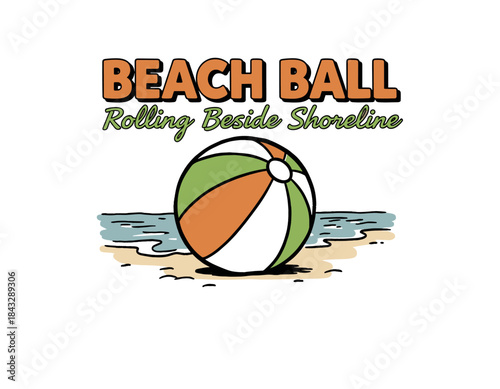 Beach Ball Rolling Beside Shore.Retro Summer Ball Illustration.Hand Drawn Shoreline Graphic.Classic Inflatable Toy Vector.Vintage Beach Vacation Print