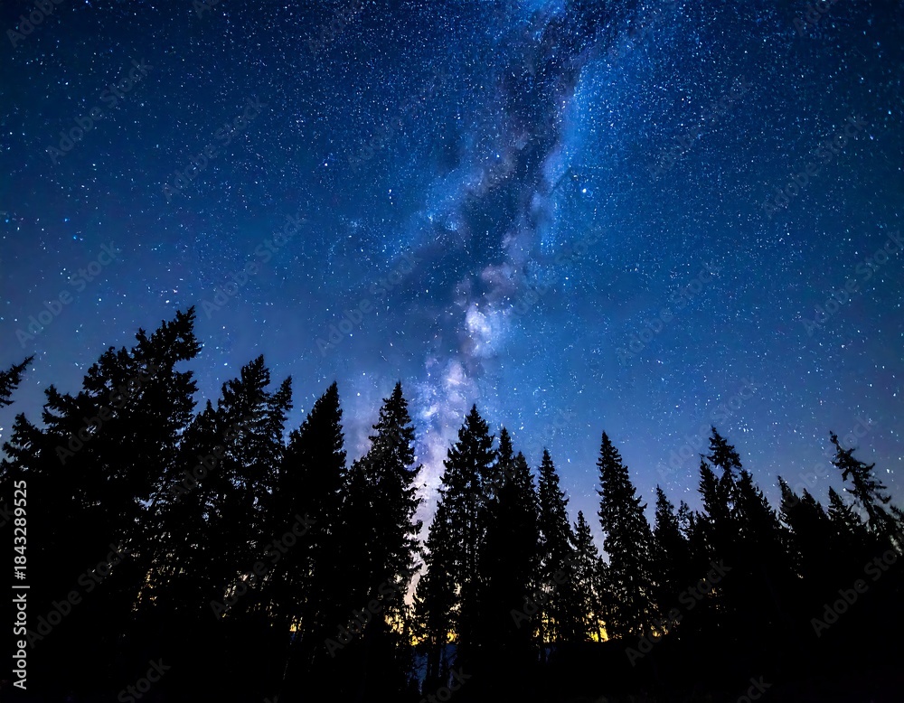 Naklejka premium Silhouetted trees under a vibrant Milky Way and star-studded sky